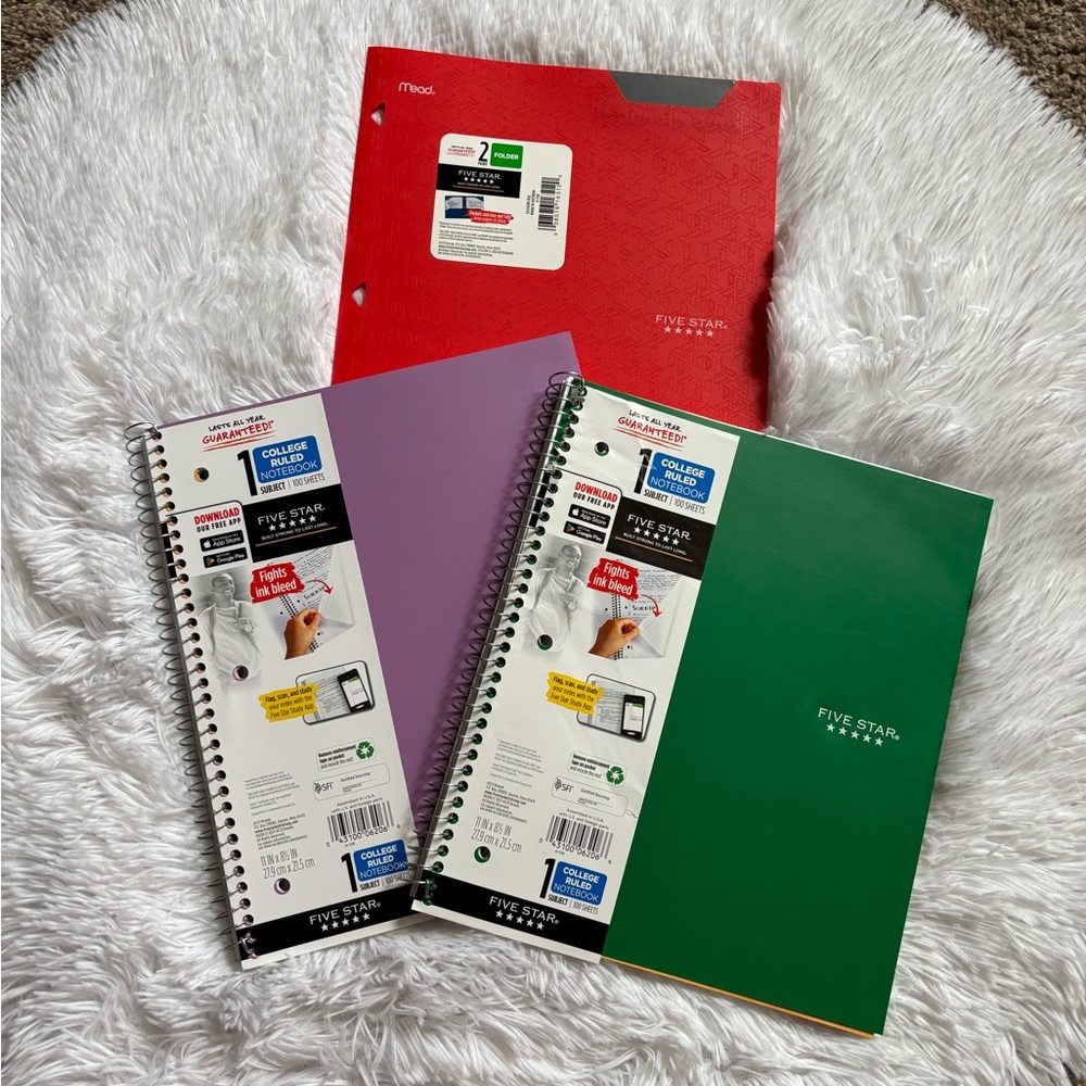 Five Star College Ruled 1 Subject Notebooks Set of 2 & 1‎ Five Star Folder New